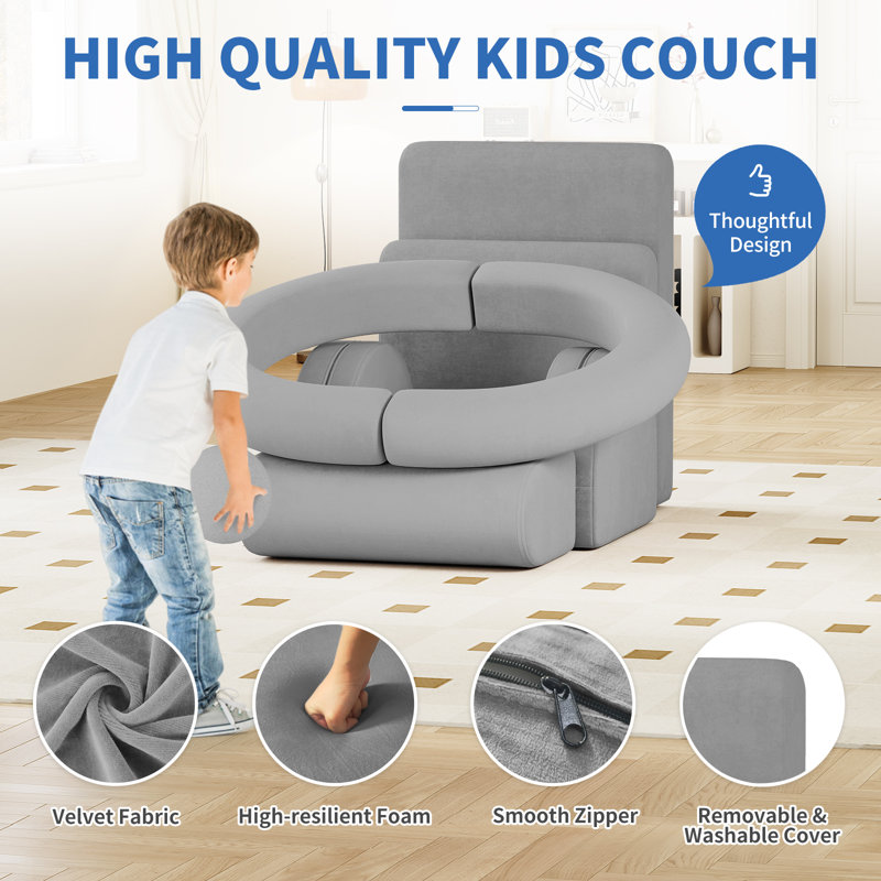 Modular Kids Play Couch, 8pcs Kids Couch With Balls And Tunnel For Playroom And Bedroom, Gray