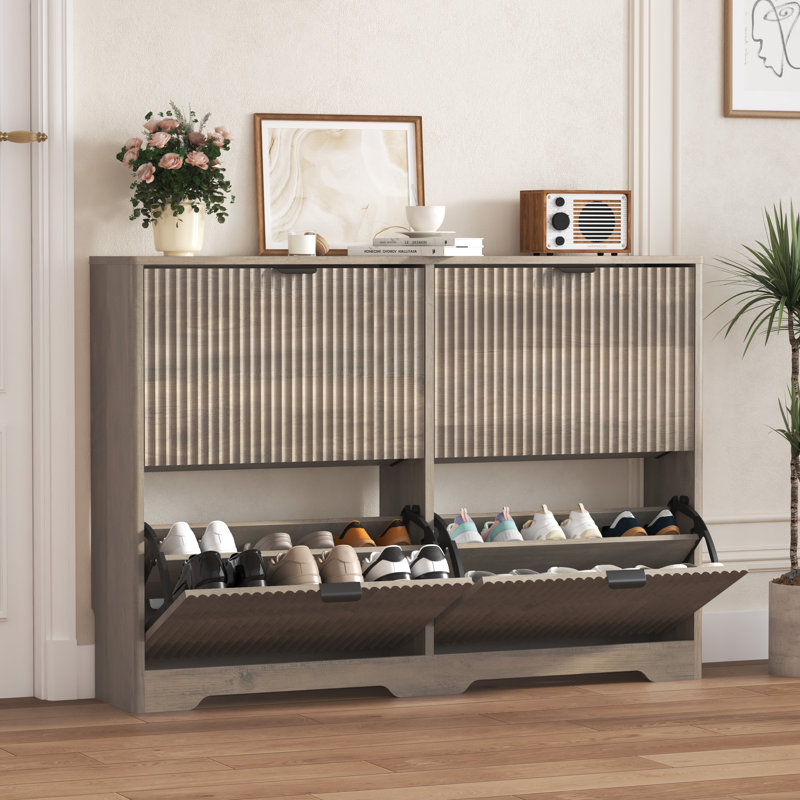 33-inch Wavy-Patterned Four-Door Shoe Cabinet with Grooved Flip-Top Drawers and Moisture-Resistant Countertop, Gray