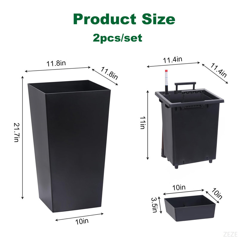 22"Tall Planter Set Of 2, Outdoor＆Indoor Black Planter Pots, High Front Porch Planter Pots With Drainage Holes＆Water Level Monitor＆Inner Bucket, Automatic Watering