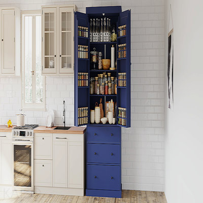 Farmhouse Kitchen Pantry with 3 Drawers and 8 Door Shelves for Dining Room - Blue