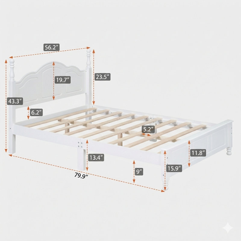 White Full-Size Retro Style Wood Platform Bed Frame With Wooden Slat Support