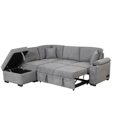 84.75" Sleeper Sofa Bed,2 In 1 Pull Out Sofa Bed L Shape Couch With Storage Ottoman For Living Room,Bedroom Couch And Small Apartment, Green