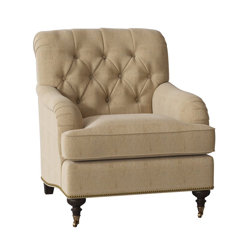 Devan Armchair, White Caps Fog, American Walnut, Antique Brass Small