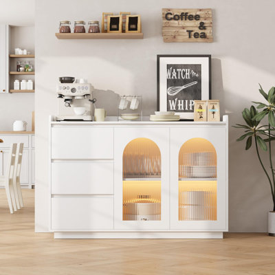 Coffee Bar Cabinet, 48" Buffet Cabinet Storage Cabinet Sideboard Modern Kitchen Buffet Table with 3 Drawers, Glass Doors 3 Color Led Lights, Coffee Ba by Ivy Bronx