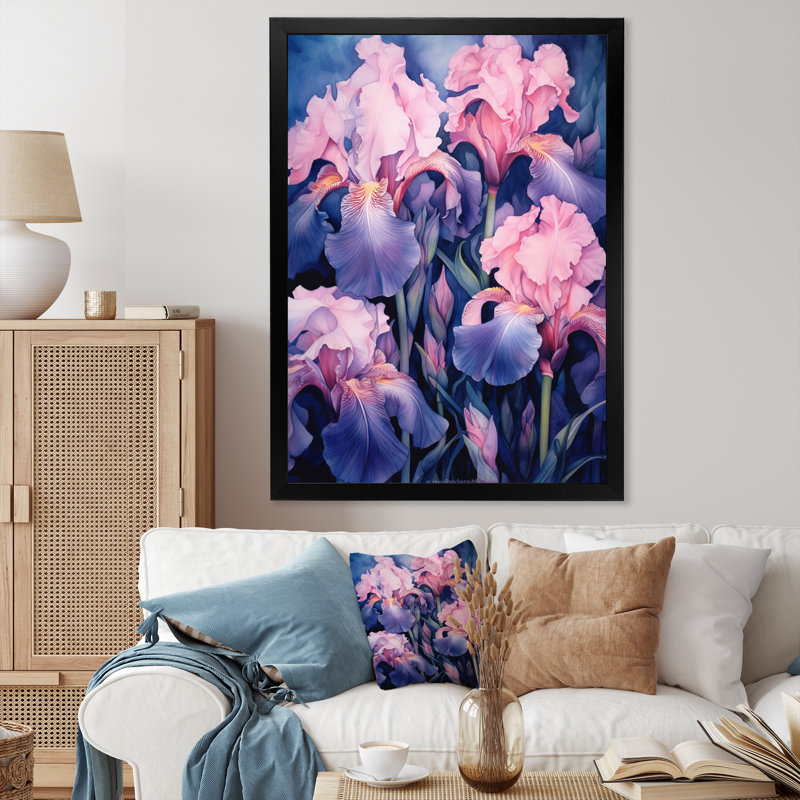 «Pink Blue Iris Petals II», reproduction sur toile, Cadre photo noir, H 40 po x l 30 po x P 1,5 po