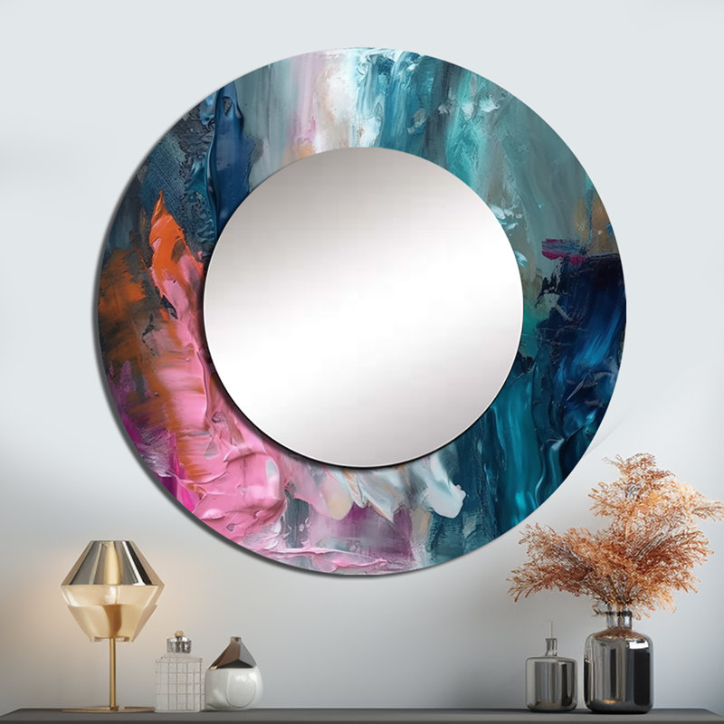 Abstrait moderne bleu et rose - grand miroir mural abstrait, miroir décoratif rond bleu, impression d'art en métal