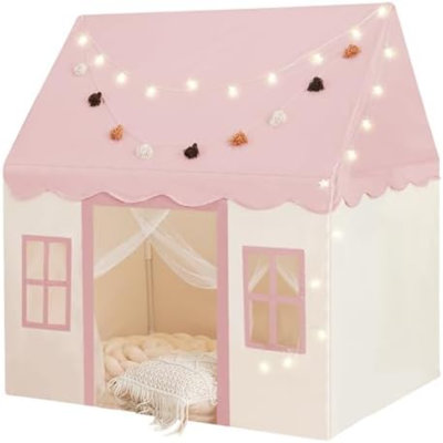 Large Kids Tent With Mat, Star Lights, Tissue Garland, Play Tent Indoor & Outdoor, Kids Play Tent For Girl & Boy Aged 3+, Kids Tent For Toddler, 52" X35" X 52" Play House With Windows, Washable, Pink