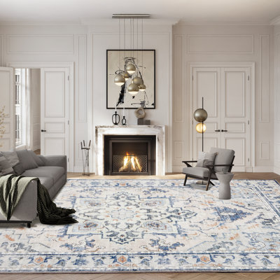 9'x12'  Area Rugs Machine Washable - Ultra Soft Low Pile Faux Wool Carpet with Non-Slip Backing & Vintage Design, Stain Resistant for Living Room, Bedroom, and Dining Room