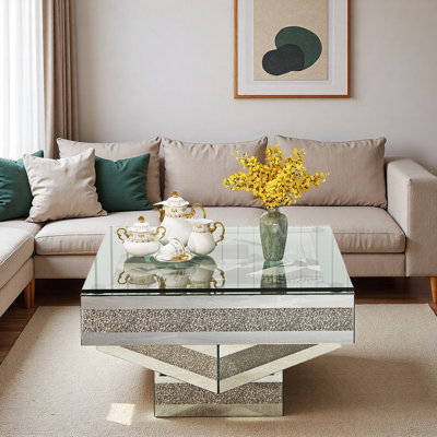 Modern Mirrored Coffee Table With Faux Diamond Inlay, Tempered Glass Top And Mirrored Stacked Base