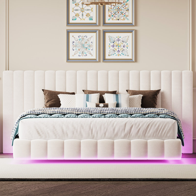 Floating Upholstered Bed Frame with Oversized Headboard and RGB LED Lighting, Queen, Cream