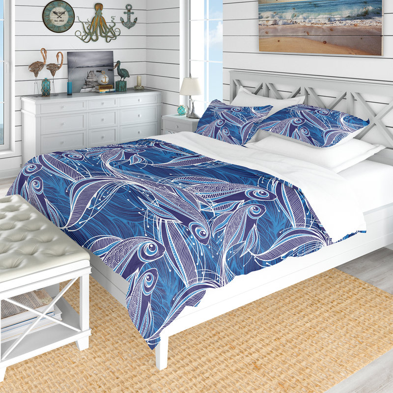 King Blue Nautical Fish Pattern Microfiber Duvet Cover Set