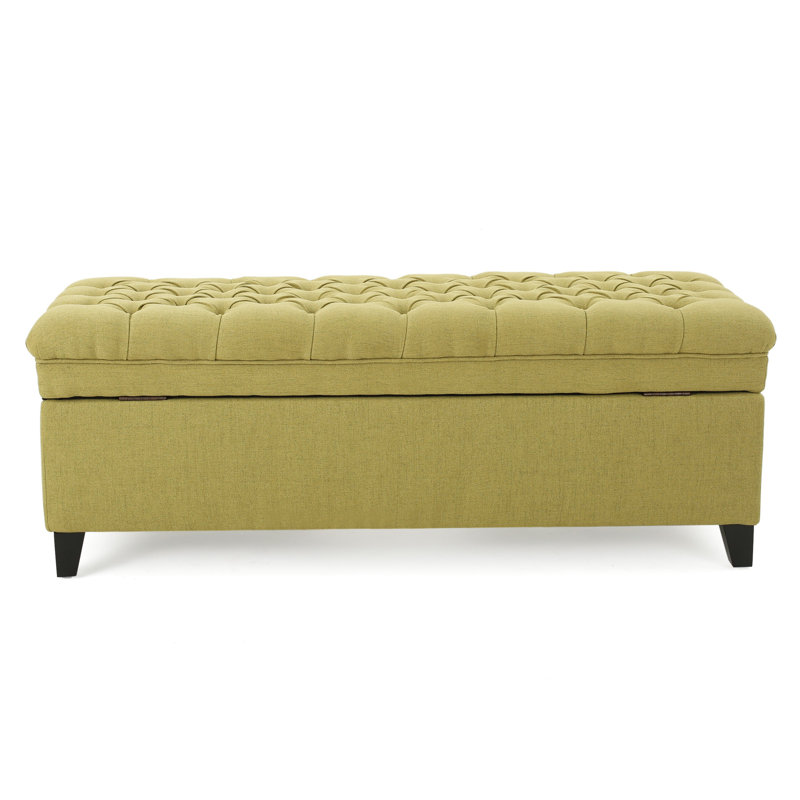 Banc de rangement avec repose-pieds Rhya, tissu vert doux, bois noir, 50 po, Vert