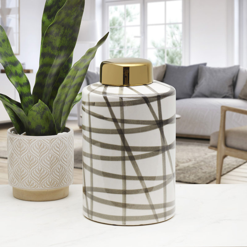 Modern Black and White Ceramic Cylinder Jar with Gold Lid