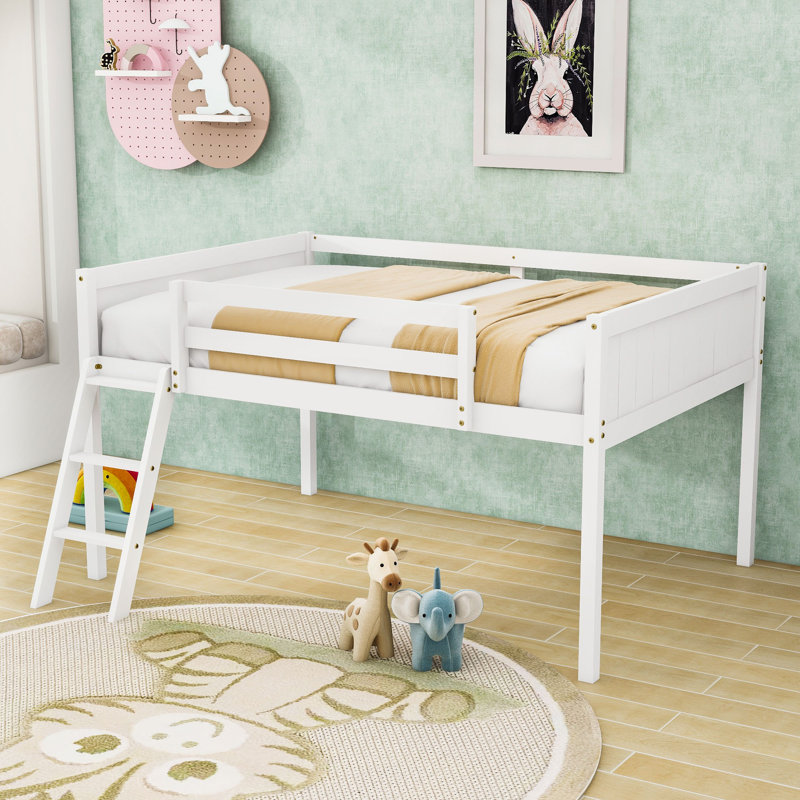 Lit mezzanine double en bois avec échelle convertible et garde-corps, Blanc