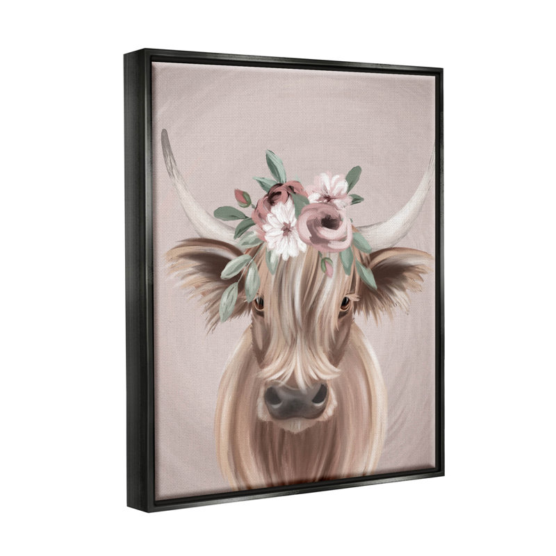 «Highland Clever Pink Flower Crown» par Jo Taylor - peinture sur toile à cadre flottant, Cadre flottant noir de jais