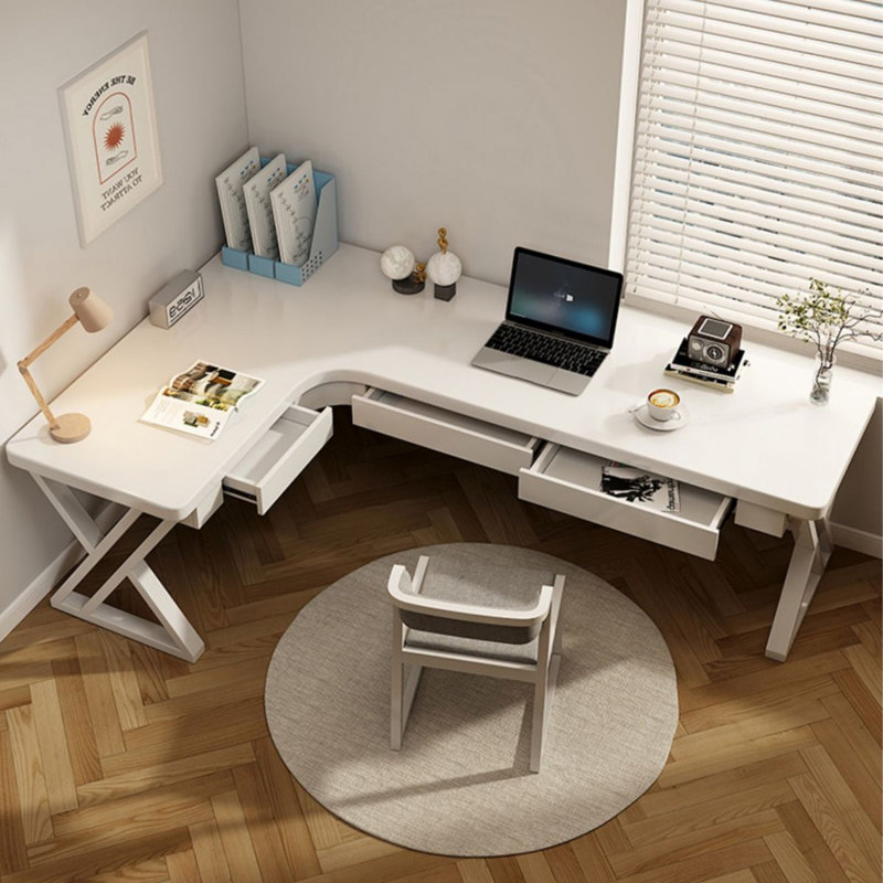 Bureau d'écriture en L en bois massif blanc avec tiroirs, H 29,53 po x l 70,87 po x P 47,24 po, Retour à gauche