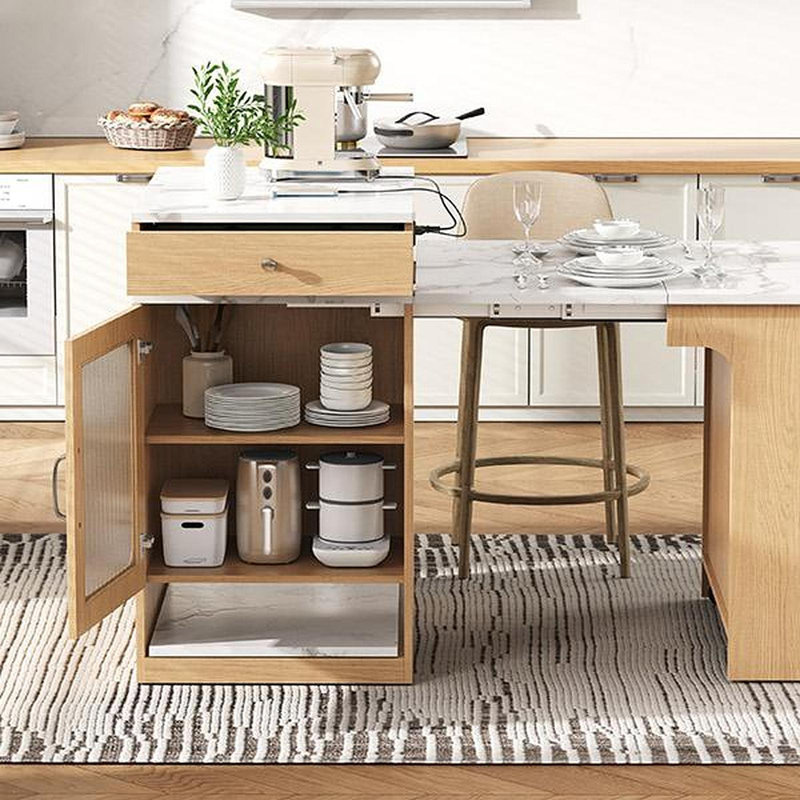 59.5"Kitchen Island With Extendable Dining Table, Kitchen Storage Table With Double-Sided Storage, Kitchen Island With 2 Drawers, Power Outlet, Side Open Shelves, For Kitchen, Dining Room, Natural