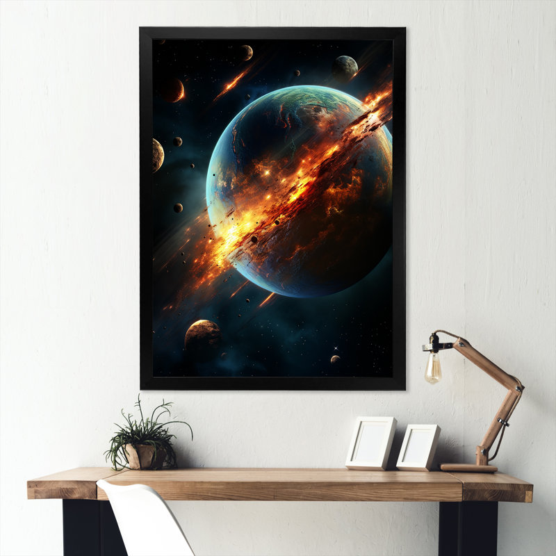 Ceinture de feu de Saturne en orbite - art mural de la planète espace, H 20 po x l 12 po x P 1 po, Cadre simple noir