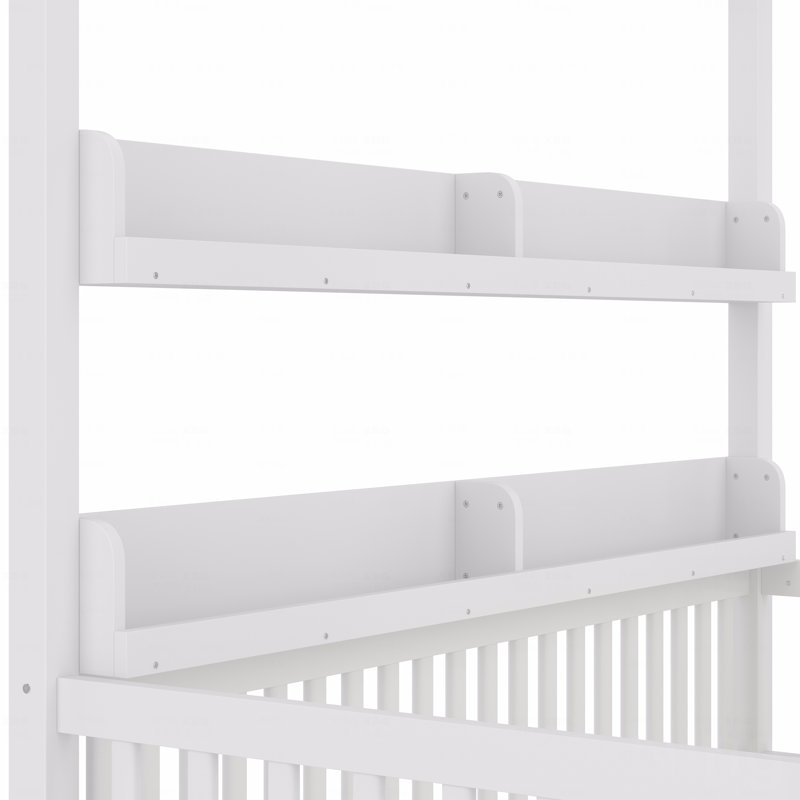 Twin Size Canopy Bed Frame With Guardrails, Solid Wood Materialen Frame Material Floor Bed Frame With Shelves, Montessori Floor Bed Frame For Kids Room Use, Boys, Girls