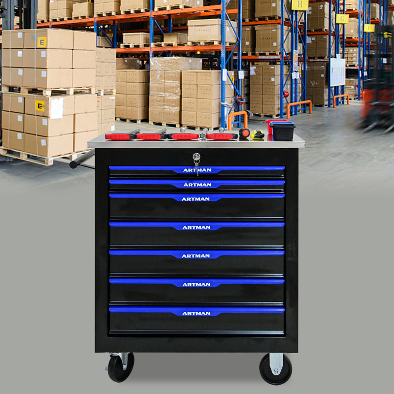 Chariot à outils multifonctionnel avec 7 roulettes - noir et bleu