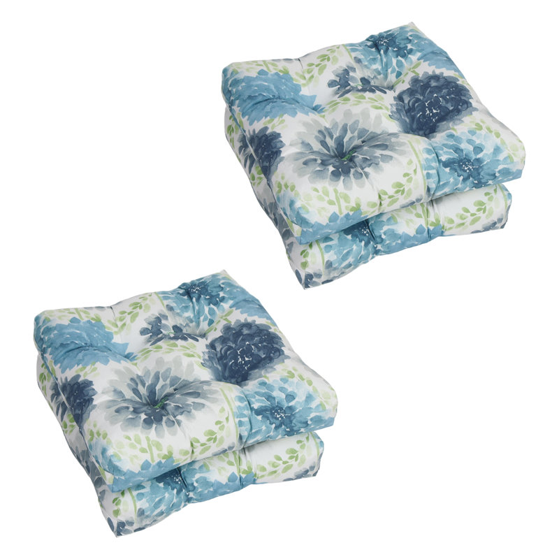 19-Inch Square Outdoor Tufted Dining Chair Cushions (Set Of 4), White/Blue/Gardenia Cool Floral