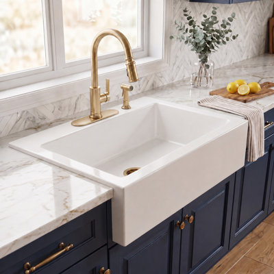 Parker White Fireclay 34" Single Bowl Quick-Fit Farmhouse Apron Front Drop-in Kitchen Sink