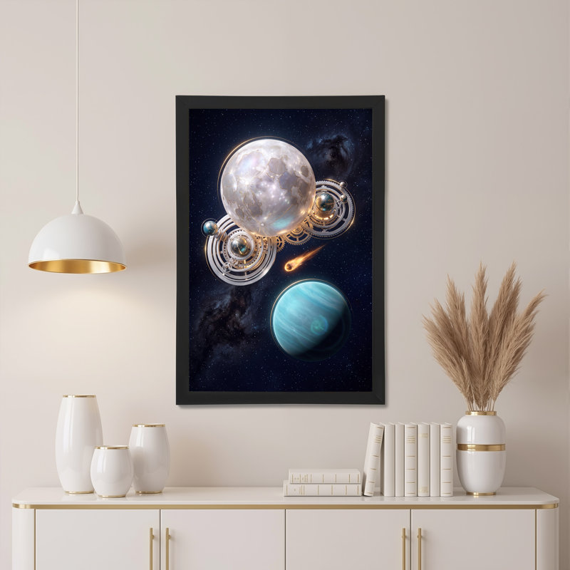 Toile brillante, lune et planète bleue dans un espace étoilé avec engrenages, 18"H x 12"W