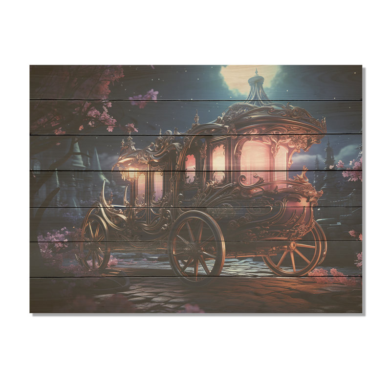 La calèche de la princesse enchantée III - Ancienne charrette américaine sur impression sur bois, H 10 po x l 20 po
