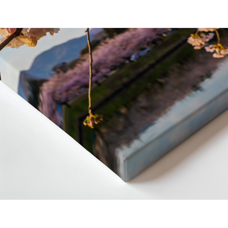 Toile d'un paysage serein avec de délicates branches de cerisiers en fleurs ornées de fleurs roses douces se courbant gracieusement sur une toile