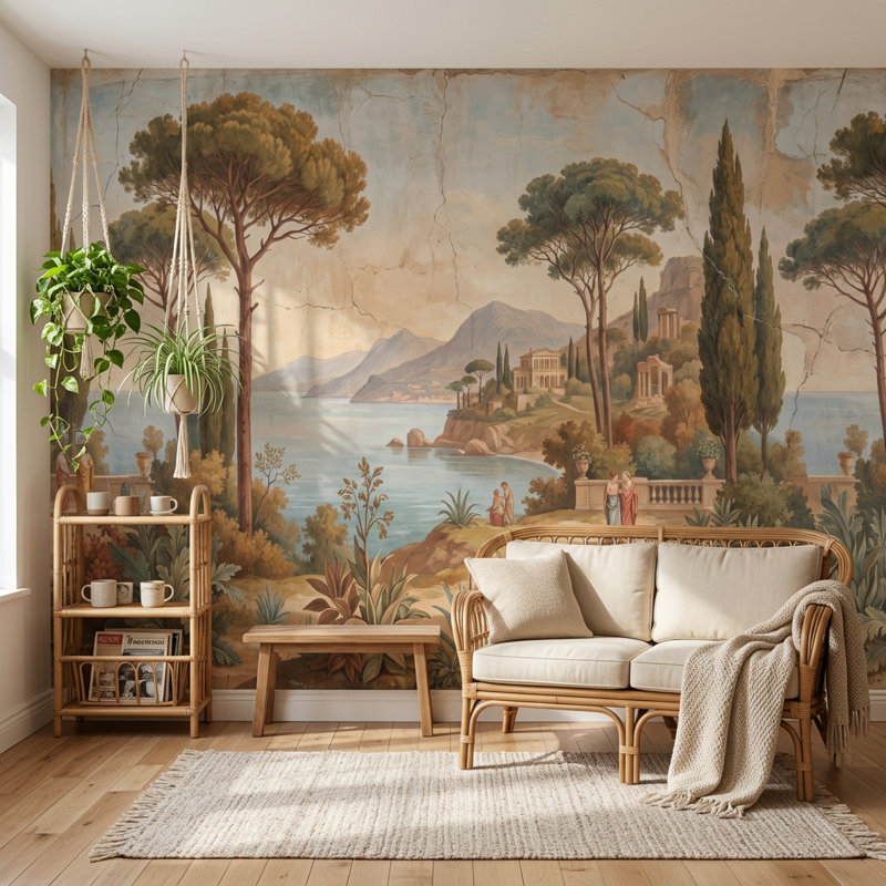 Panneau mural méditerranéen classique Fresco Coastal Landscape, Texturé non collé, 160 po x 108 po