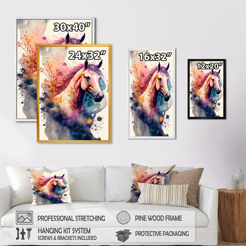 Mignon cheval, art floral II - peinture sur toile, H 20 po x l 12 po x P 1 po, Toile avec cadre flottant noir