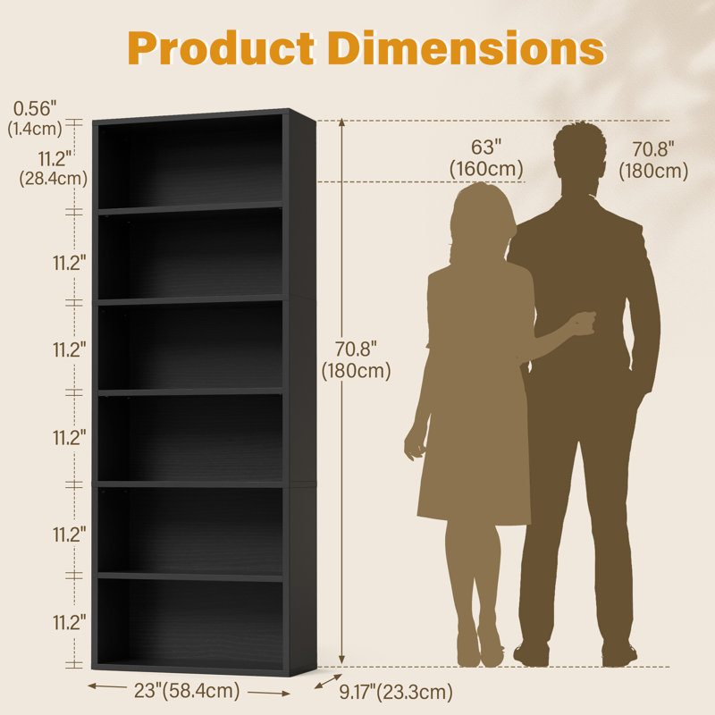 6‑Tier Freestanding Corner Bookshelf, Open Storage Shelf Bookcase for Home Office, Living Room, Black
