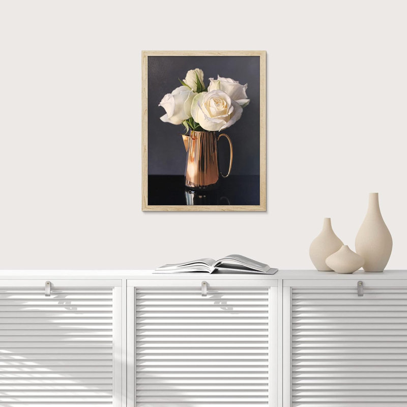 «Rose Flower Bouquet In Bronze Pitcher Wall Art Floral Botanical Prints Decor», œuvre d'art encadrée sur papier, Naturel
