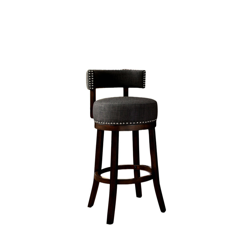 Tabourets de bar pivotants de 30 po en chêne foncé / gris, sièges et dossiers rembourrés en tissu, pieds en bois massif, garniture cloutée contemporaine, tabourets de style transitionnel 2 pièces avec tissu, style