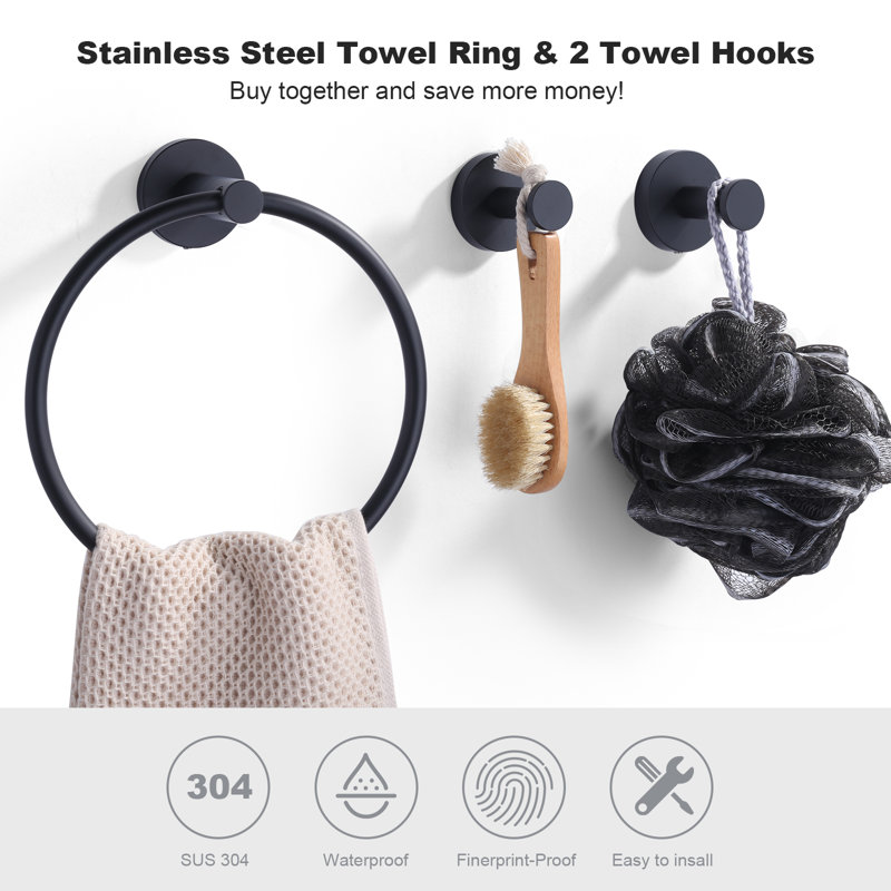 Stainless Steel 3-Piece Bath Hardware Set With Towel Ring, 2 Towel Hooks, Matte Black