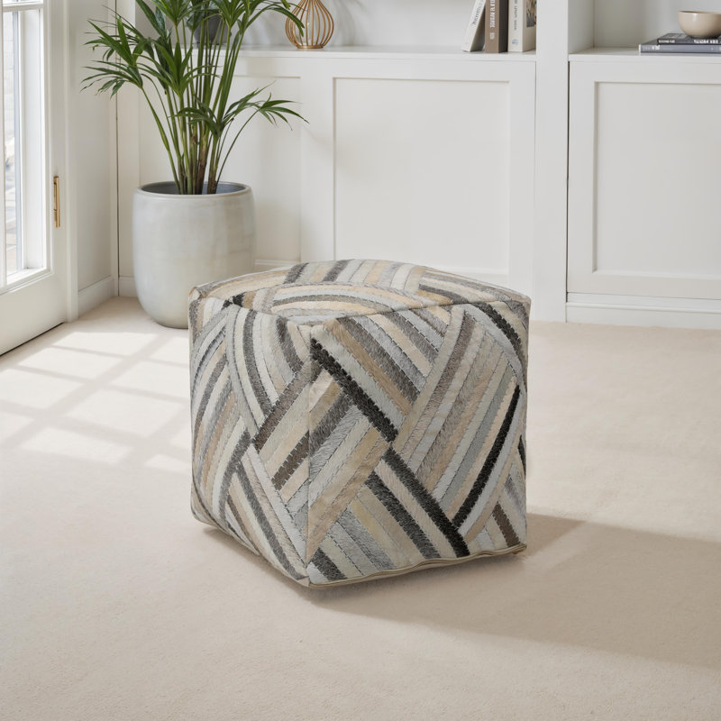 Edith Hide Upholstered Pouf, Grey