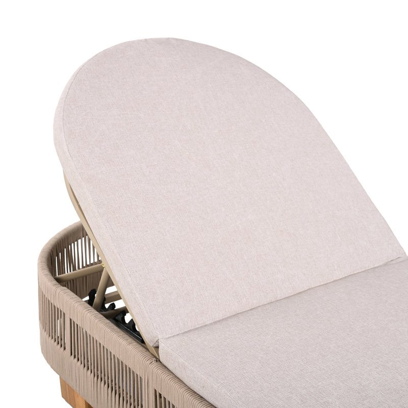 Yenings Patio Adjustable Woven Rope Chaise Lounge With Side Table & Cushions, Beige/Teak