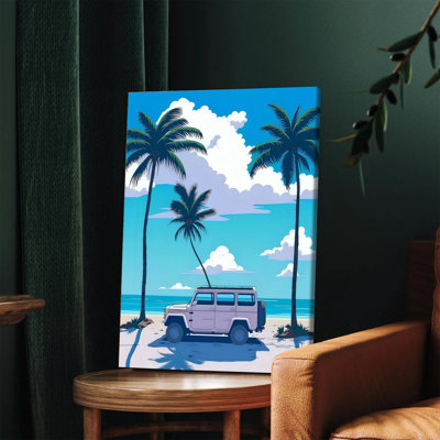 1 pièce d'art mural encadré, art mural sur toile de plage tropicale avec palmiers et véhicule tout-terrain, décor côtier moderne pour le salon, la chambre à coucher, le bureau, impression de ciel bleu éclatant, décoration de vacances sur le thème des vacances, prêt à être accroché