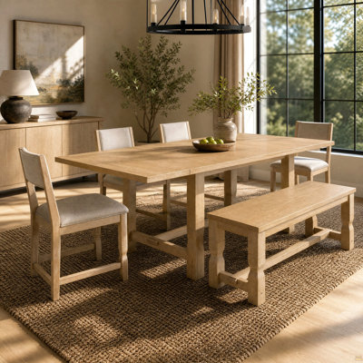 Ensemble de salle à manger 6 pièces avec banc, table extensible en bois d'hévéa avec 2 rallonges amovibles, 4 chaises rembourrées et 1 banc pour la salle à manger de cuisine, brun