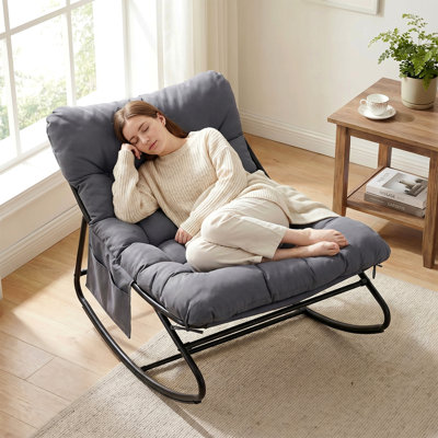 Outdoor Papasan Rocking Chair, Lounge Chair with Cushion & Sturdy Metal Frame, Patio Rocker Chair for Balcony Backyard Porch Bedroom, Dark Gray