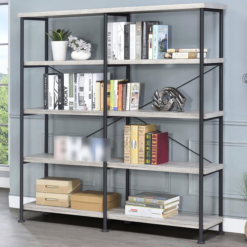 Bibliothèque rustique, bois de grève gris et noir, 4 tablettes, bureau, structure en métal noir à 4 tablettes, Gris