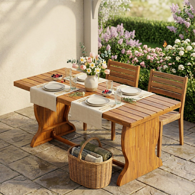 Aveline 70"  Modern Farmhouse Acacia Wood Outdoor Dining Table with Slatted Top and Trestle Base