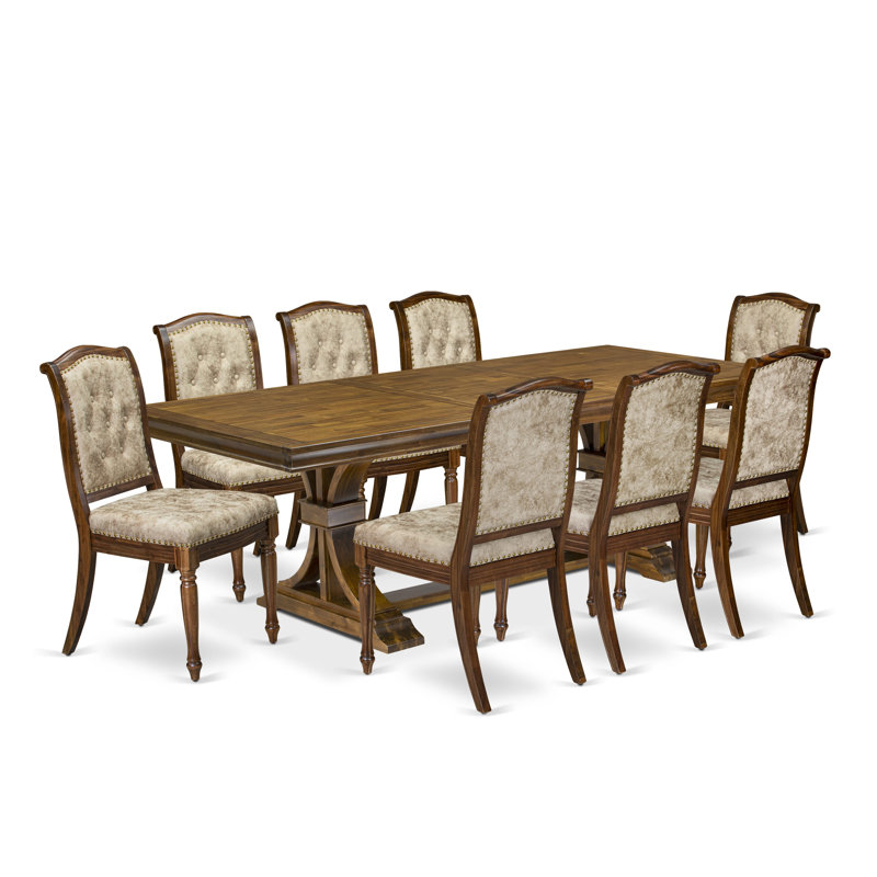 L'ensemble de table de cuisine 9 pièces comprend une table de salle à manger rectangulaire et 8 chaises en cuir de polyuréthane beige clair, finition noyer antique