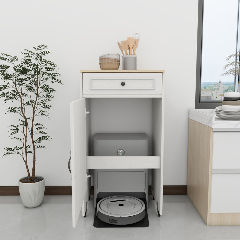 Robot aspirateur avec roulettes, support de rangement pour robot avec portes et tiroirs, table d'appoint pour salon, bureau personnel, cuisine - blanc antique