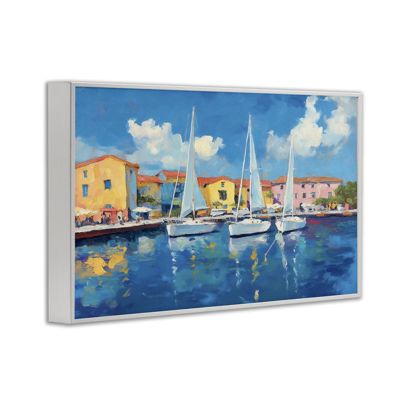 Giclée encadrée de bateaux blancs dans un port coloré, design par Franklyn Gregory, H 16 po x l 24 po