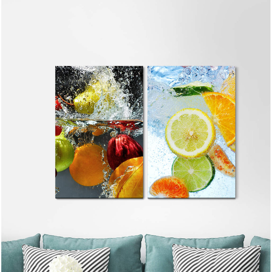 2-tlg. Leinwandbilder-Set - Fotografie „Fruits Water Fresh Refreshing Healthy Delicious Kitchen”