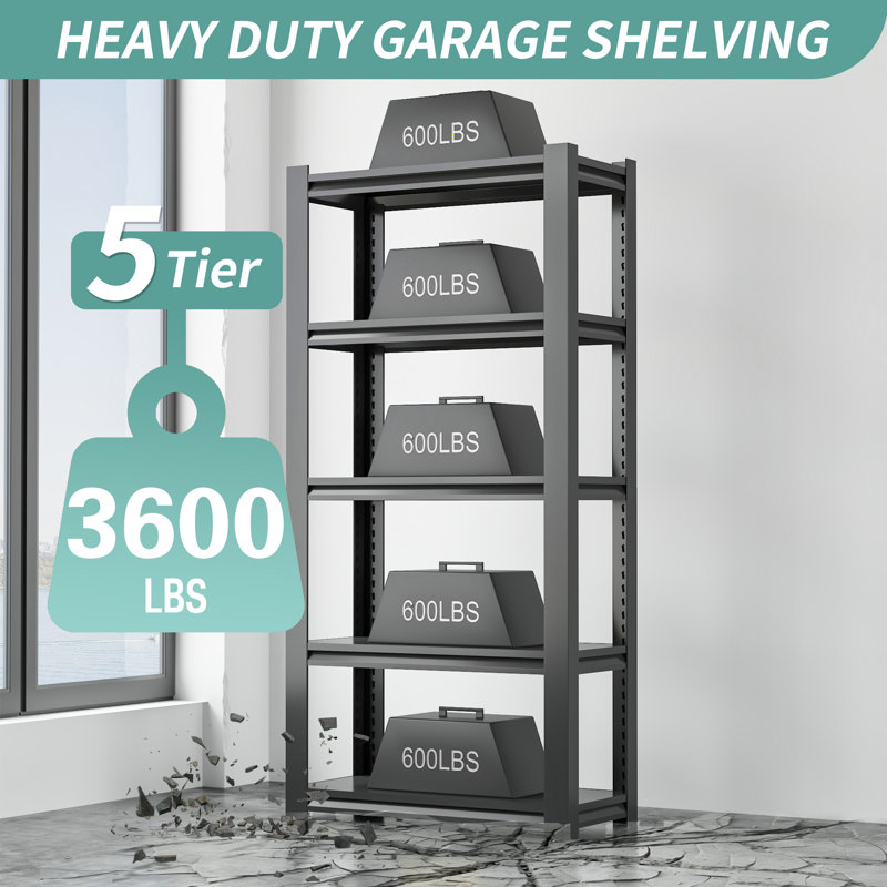 5 Tier Metal Garage Storage Shelves - Industrial Utility Rack with Adjustable Shelves, 35.4" W x 15.7" D
