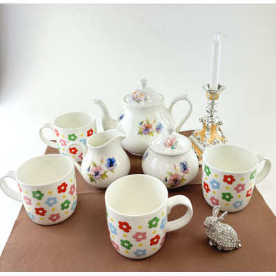 Bone China Dinnerware and Serveware. 7 Piece Tea Set, Service for 4. Colorful Daisy Flowers Collection