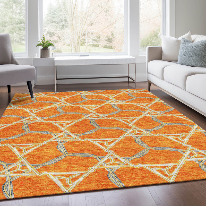 Tapis orange Prisco lavable à la machine de qualité supérieure, Rectangulaire 8 pi x 10 pi