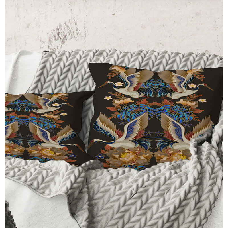 Carré, chinoiserie avec oiseaux et pivoines - coussin décoratif traditionnel imprimé, 18" x 18"